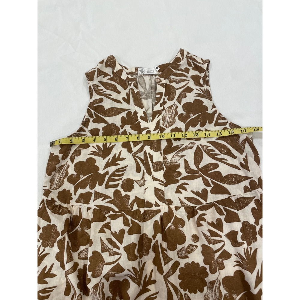 Carve Designs Nellie Linen Mini Dress Rum Brown Floral Tiered w/ Pockets S - Picture 7 of 9